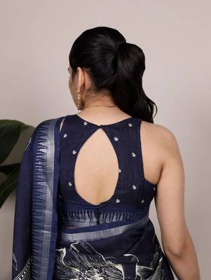 Navy blue slub silk foral printed with zari border work saree 3
