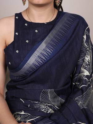 Navy blue slub silk foral printed with zari border work saree 4