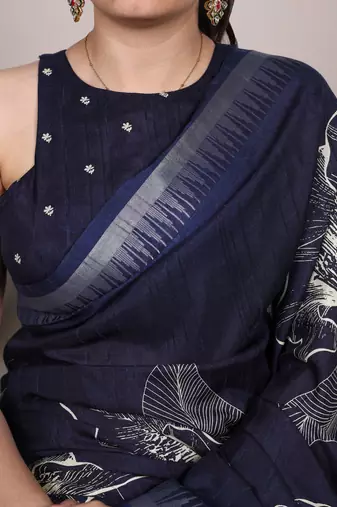 Navy blue slub silk foral printed with zari border work saree