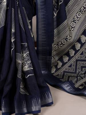 Navy blue slub silk foral printed with zari border work saree 5