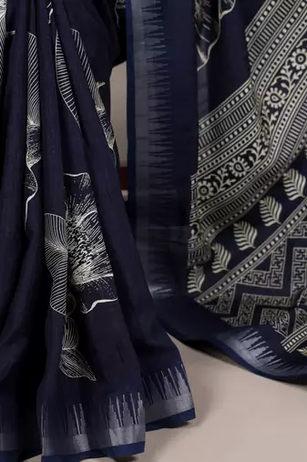 Navy blue slub silk foral printed with zari border work saree