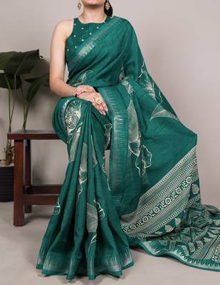 Sea green slub silk foral printed with zari border work saree 1