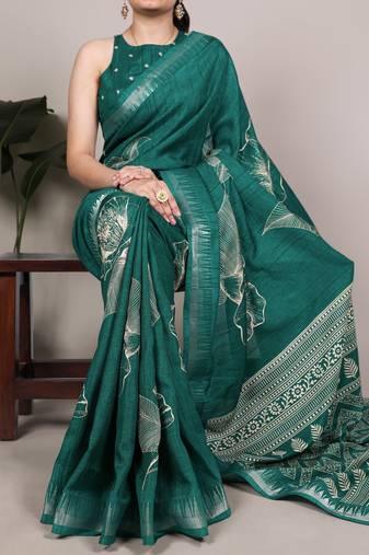 Sea green slub silk foral printed with zari border work saree