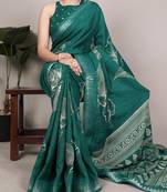 Sea green slub silk foral printed with zari border work saree