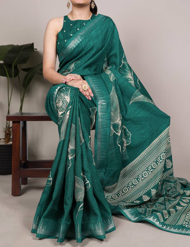 Sea green slub silk foral printed with zari border work saree