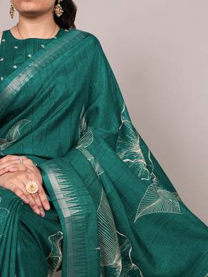 Sea green slub silk foral printed with zari border work saree 2
