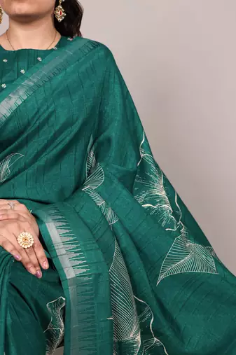 Sea green slub silk foral printed with zari border work saree
