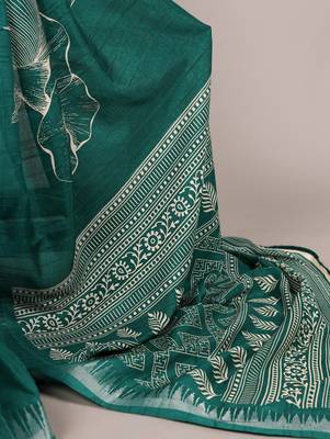 Sea green slub silk foral printed with zari border work saree 4