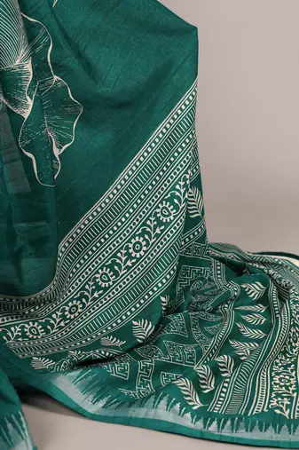 Sea green slub silk foral printed with zari border work saree