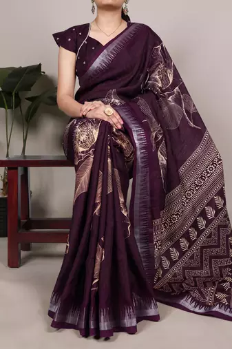 Wine slub silk foral printed with zari border work saree