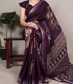 Wine slub silk foral printed with zari border work saree