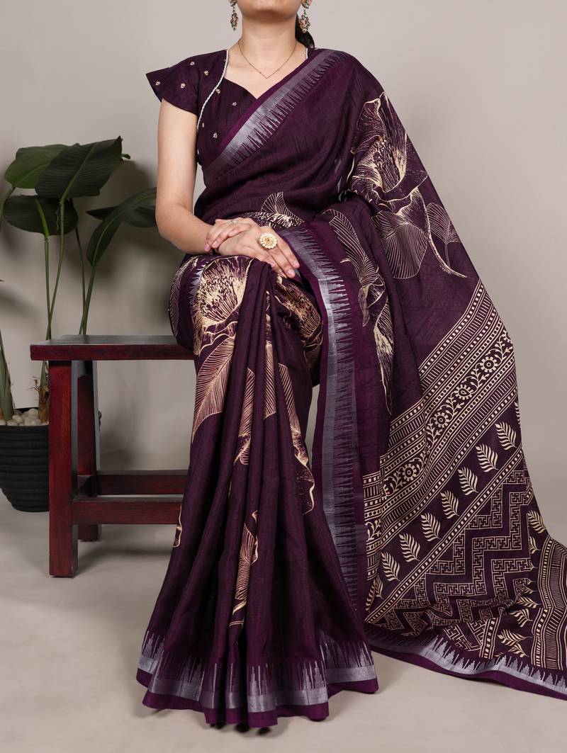 Wine slub silk foral printed with zari border work saree