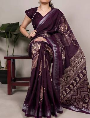 Wine slub silk foral printed with zari border work saree 2