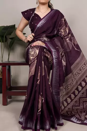 Wine slub silk foral printed with zari border work saree