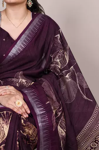 Wine slub silk foral printed with zari border work saree