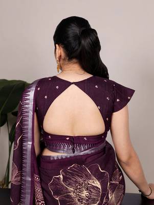 Wine slub silk foral printed with zari border work saree 4