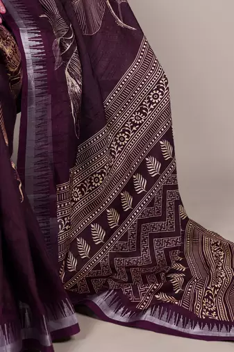 Wine slub silk foral printed with zari border work saree
