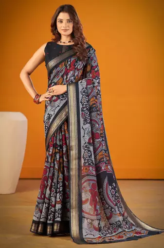 Black viscose chanderi kalamkari print with zari weaving work saree