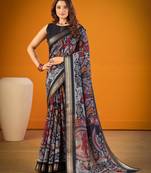 Black viscose chanderi kalamkari print with zari weaving work saree