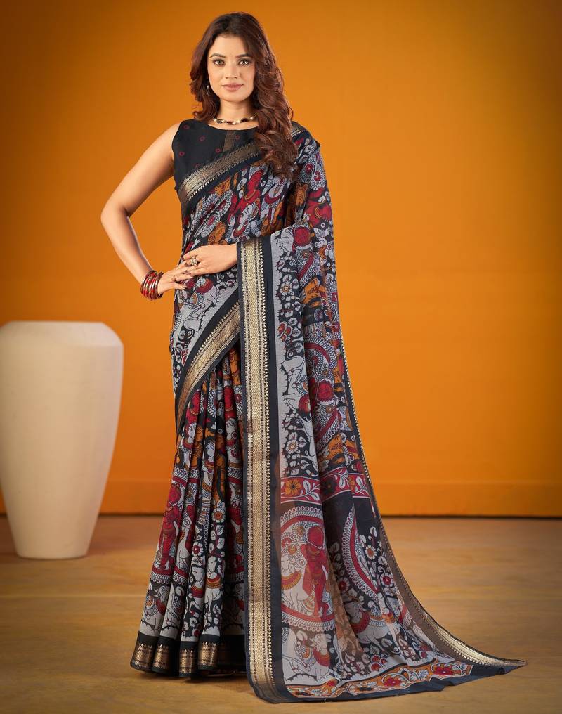 Black viscose chanderi kalamkari print with zari weaving work saree