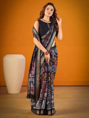Black viscose chanderi kalamkari print with zari weaving work saree 2