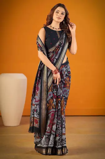 Black viscose chanderi kalamkari print with zari weaving work saree