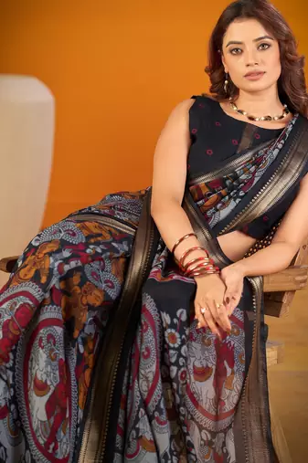 Black viscose chanderi kalamkari print with zari weaving work saree