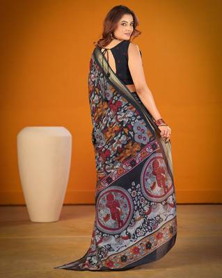 Black viscose chanderi kalamkari print with zari weaving work saree 4