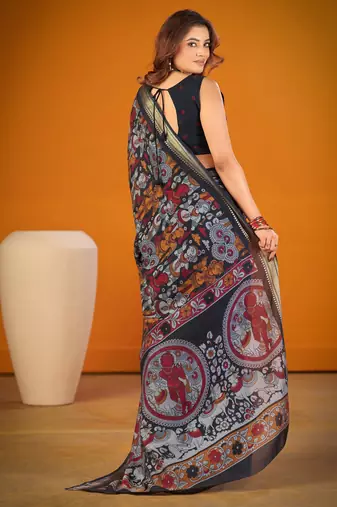 Black viscose chanderi kalamkari print with zari weaving work saree