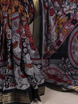 Black viscose chanderi kalamkari print with zari weaving work saree 5