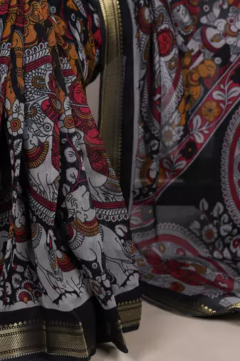 Black viscose chanderi kalamkari print with zari weaving work saree