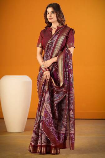 Maroon viscose chanderi kalamkari print with zari weaving work saree