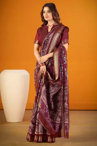 Maroon viscose chanderi kalamkari print with zari weaving work saree