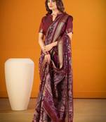 Maroon viscose chanderi kalamkari print with zari weaving work saree
