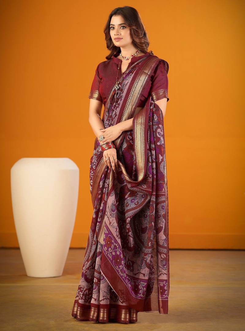 Maroon viscose chanderi kalamkari print with zari weaving work saree