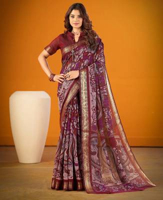 Maroon viscose chanderi kalamkari print with zari weaving work saree 2