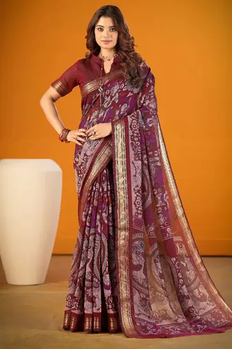 Maroon viscose chanderi kalamkari print with zari weaving work saree