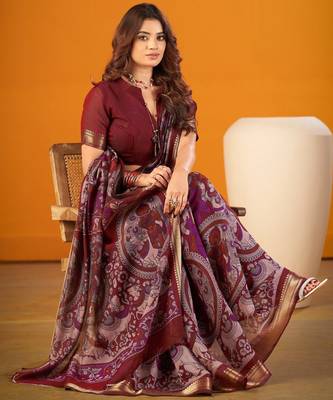 Maroon viscose chanderi kalamkari print with zari weaving work saree 3
