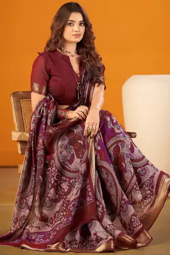 Maroon viscose chanderi kalamkari print with zari weaving work saree