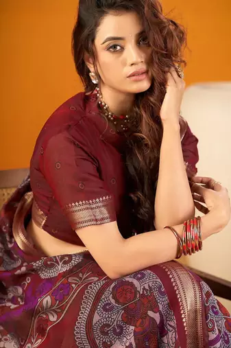 Maroon viscose chanderi kalamkari print with zari weaving work saree