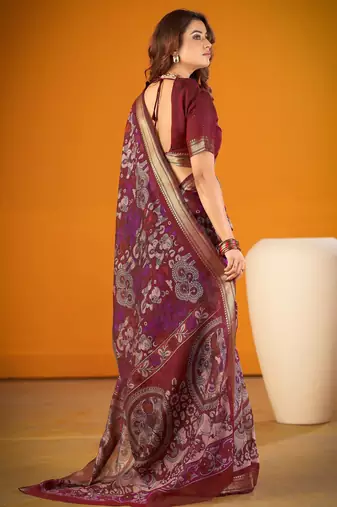Maroon viscose chanderi kalamkari print with zari weaving work saree