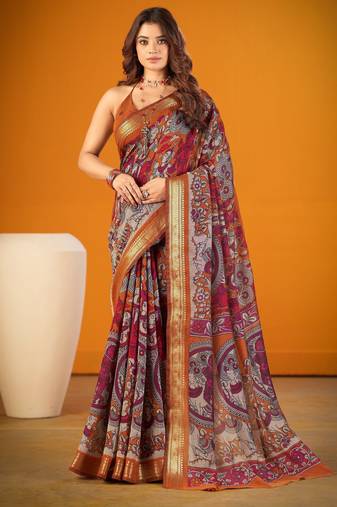 Mustard viscose chanderi kalamkari print with zari weaving work saree
