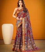 Mustard viscose chanderi kalamkari print with zari weaving work saree