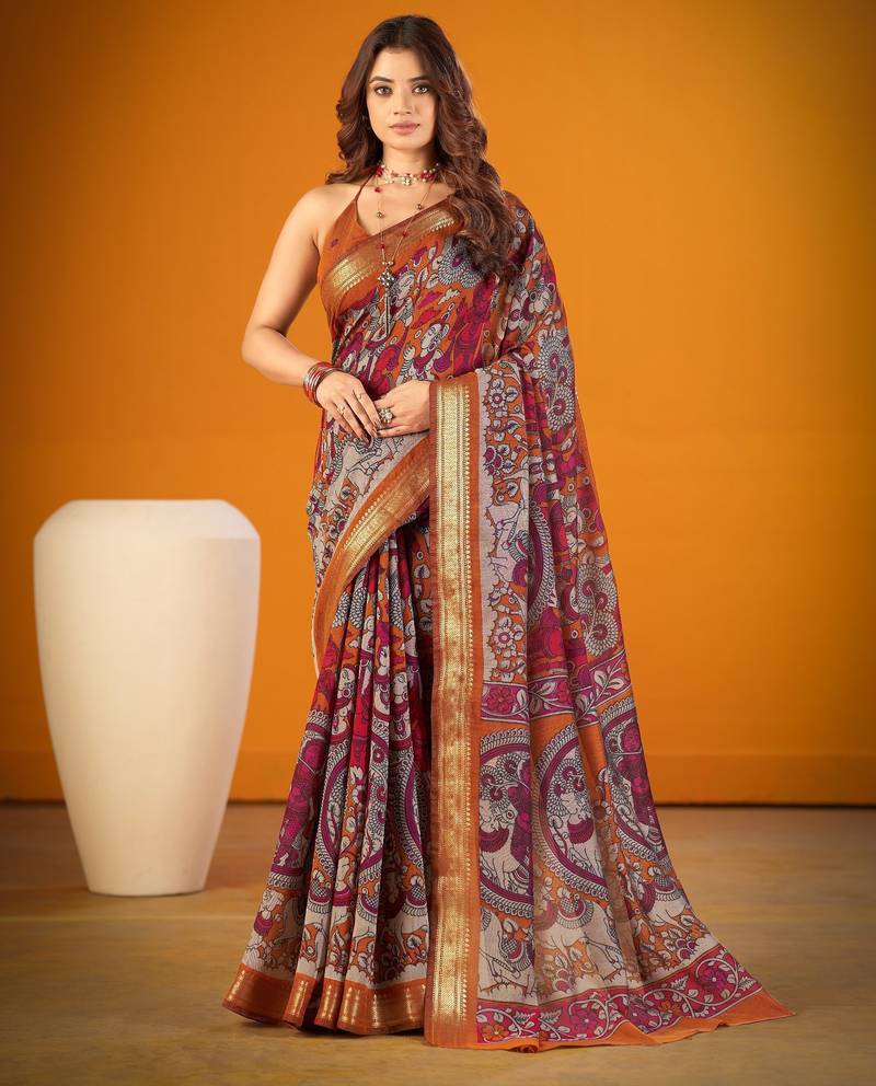 Mustard viscose chanderi kalamkari print with zari weaving work saree