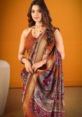 Mustard viscose chanderi kalamkari print with zari weaving work saree 3