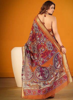 Mustard viscose chanderi kalamkari print with zari weaving work saree 4