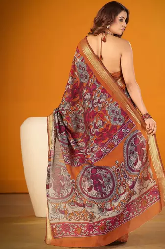 Mustard viscose chanderi kalamkari print with zari weaving work saree