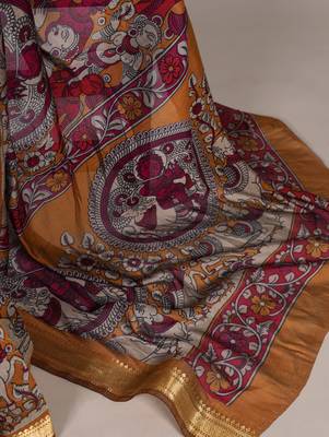 Mustard viscose chanderi kalamkari print with zari weaving work saree 5