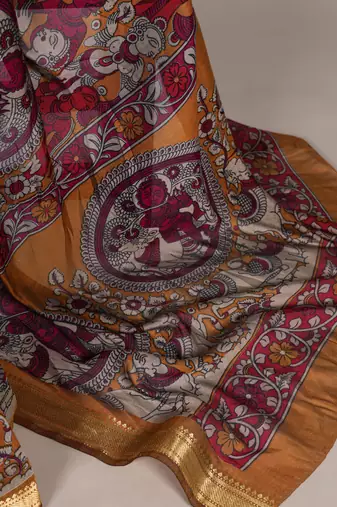 Mustard viscose chanderi kalamkari print with zari weaving work saree