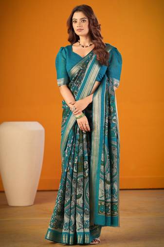Sea blue viscose chanderi kalamkari print with zari weaving work saree